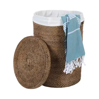 Casa Moro Wäschekorb Rattan Wäschebehälter Cleo Braun Mit Deckel & Innenfutter (Designer Weide Korb, Aufbewahrungskorb Rattankorb Geflochten Rund),