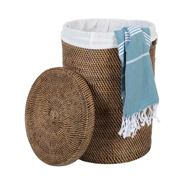 Casa Moro Wäschekorb Rattan Wäschebehälter Cleo Braun Mit Deckel & Innenfutter (Designer Weide Korb, Aufbewahrungskorb Rattankorb Geflochten Rund), thumbnail