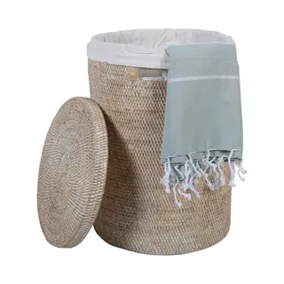Casa Moro Wäschekorb Rattan Wäschebehälter Cleo Weiß Rund Mit Deckel & Innenfutter (Designer Weide Korb, Aufbewahrungskorb Rustikal Geflochten,