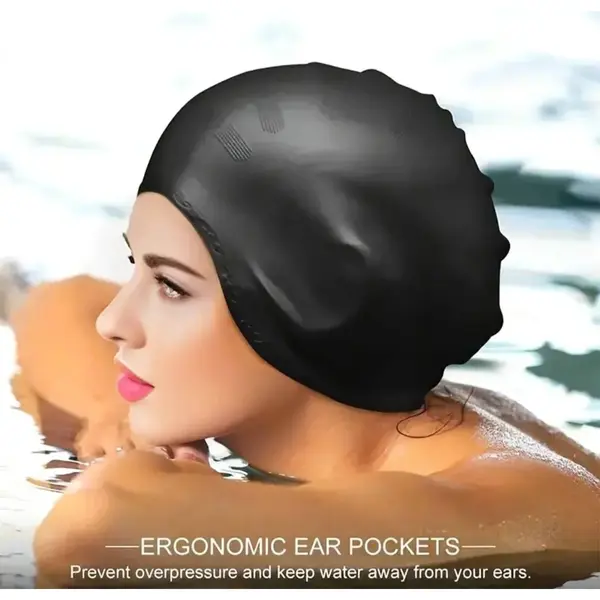 Stevige Hoog Kwaliteit Siliconen Badmuts Zwemmuts Zwem Muts Met Oorzakken – Waterdicht – Unisex – Zwart thumbnail