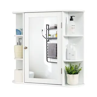 Costway Spiegelkast Voor Badkamer, 4 Vakken En 6 Open Planken, Badkamerkast Met Spiegel, Hangende Badkamerkast, Hout, 66 X 17 X 63 Cm (wit)