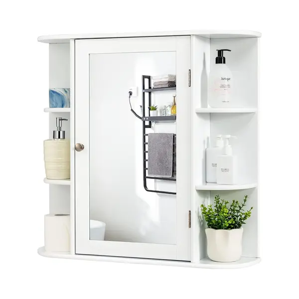 Costway Spiegelkast Voor Badkamer, 4 Vakken En 6 Open Planken, Badkamerkast Met Spiegel, Hangende Badkamerkast, Hout, 66 X 17 X 63 Cm (wit) thumbnail