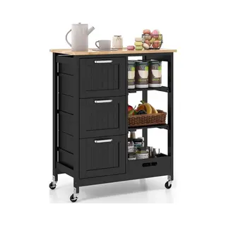 Costway Keukenwagen Met Dienblad, Planken En 3 Grote Laden, Keukenkast Oprolbaar, Keukeneiland Van Rubberhout, Serveerwagen 67 X 37 X 82, 5 Cm (zwart)