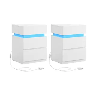 Vasagle Nachttisch Mit Led-Beleuchtung, 2er Set, Beistelltisch, Einstellbare Farben, Sofatisch 3 Schubladen, Nachtschrank Schlafzimmer, Modern, 35 X