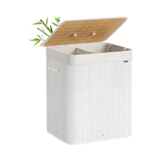 Songmics Wasmand Met Deksel, 2 Vakken, 120 Liter, Wasmand Van Bamboe, Opvouwbaar, Afneembaar En Machinewasbaar, Waszak Met Handgrepen, Voor Wasruimte,