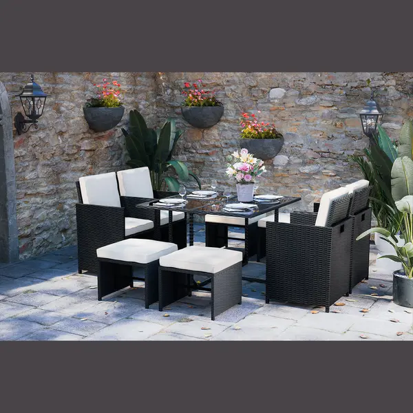 RattanTree 9 Pieces Outdoor Garden Furniture Rattan Cube Dining Set 8 Seater With Cushions Black thumbnail