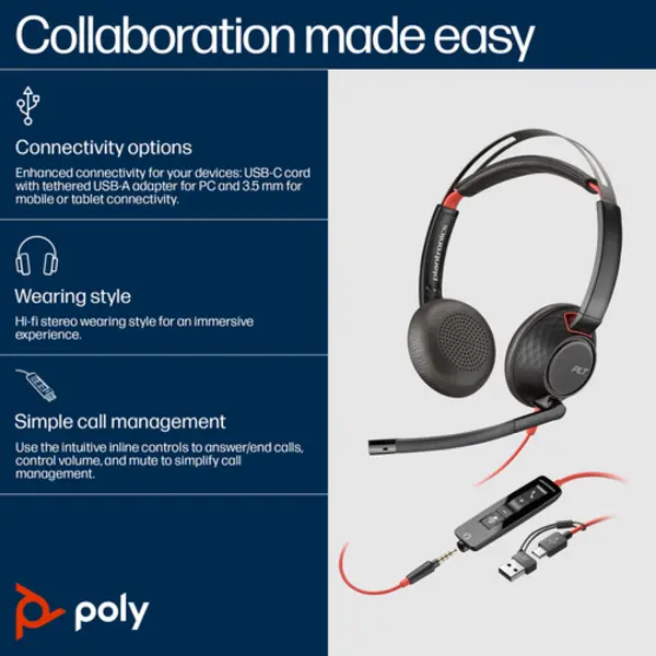 Hp Poly Blackwire 5220 Stereo Usb-C Headset +3.5mm Plug +Usb-C/A Adapter thumbnail