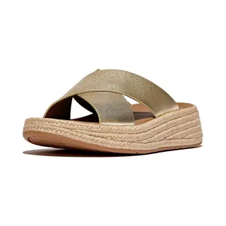 Fitflop F-mode Espadrille Leather Flatform Cross Slides Gladde Sandaal Voor Dames, Platina, 36 Eu