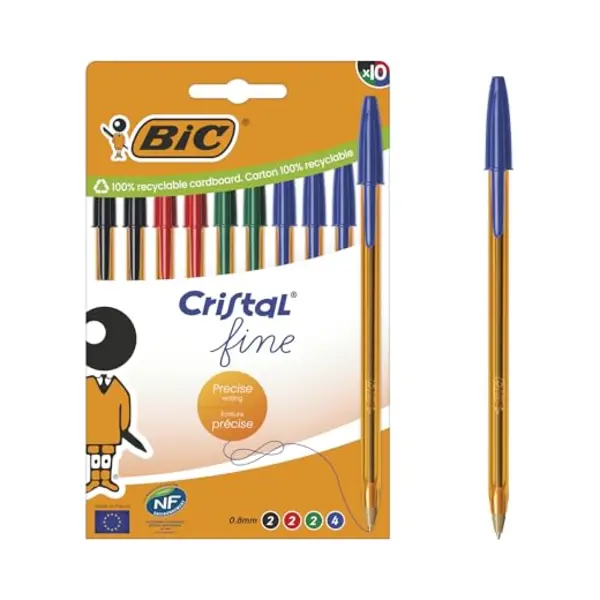 Bic Cristal Original Fine Kugelschreiber 0, 8 Mm, Transparenter Orangefarbener Schaft, Verschiedene Tintenfarben, 10 Stück thumbnail