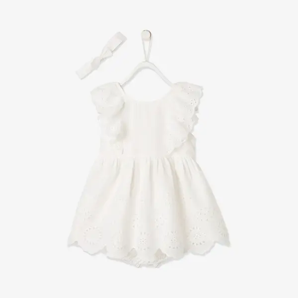 Vertbaudet Festliches Mädchen Baby-Set, Kleid, Spielhose & Haarband Wollweiß 68 thumbnail