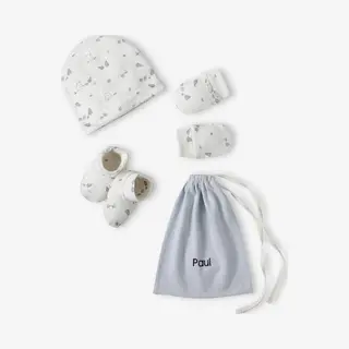 Vertbaudet Set Beer Muts + Wanten + Slofjes + Babytas Voor Baby, Aanpasbaar Bleekblauw