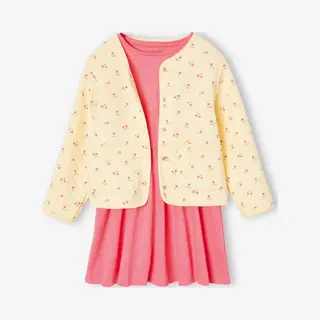 Vertbaudet Mädchen-Set, Geblümte Jacke Mit Steppnähten & Kleid Rosa 128