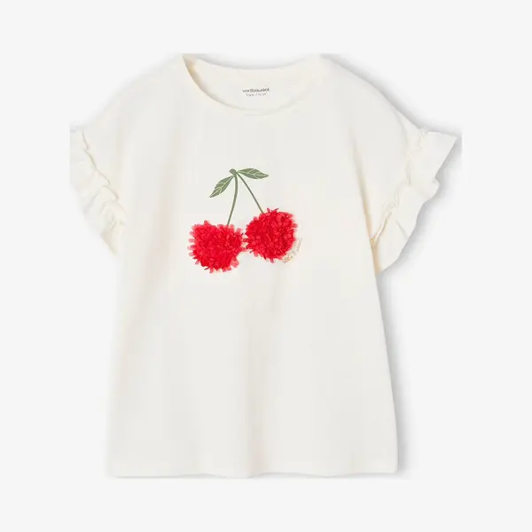 Vertbaudet Meisjes-T-shirt Met Iriserend Motief En Korte Mouwen Met Ruches Wit thumbnail