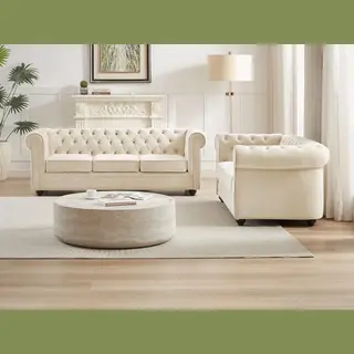 Vente-unique Zitbank Met 3 Plaatsen En Fauteuil In Beige Fluweel Chesterfield