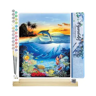 Figured'Art Schilderen Op Nummer Volwassenen Canvas Dolfijnen In De Lagune - Handwerk Acrylverf Kit Diy Compleet - 40x50cm Met Diy Houten Lijst