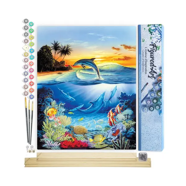 Figured'Art Schilderen Op Nummer Volwassenen Canvas Dolfijnen In De Lagune - Handwerk Acrylverf Kit Diy Compleet - 40x50cm Met Diy Houten Lijst thumbnail