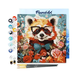 Figured'Art Mini Malen Nach Zahlen Erwachsene Mit Rahmen 20x20cm Kleines Format - Fantasie-Roter Panda Und Blumen - Paint By Numbers Basteln Diy