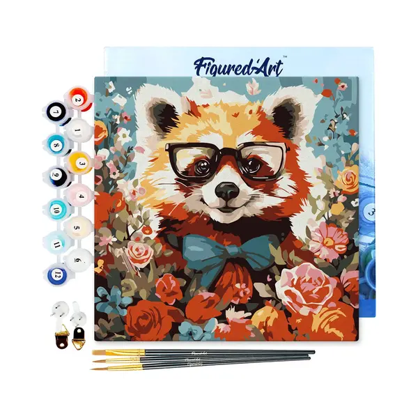 Figured'Art Mini Malen Nach Zahlen Erwachsene Mit Rahmen 20x20cm Kleines Format - Fantasie-Roter Panda Und Blumen - Paint By Numbers Basteln Diy thumbnail