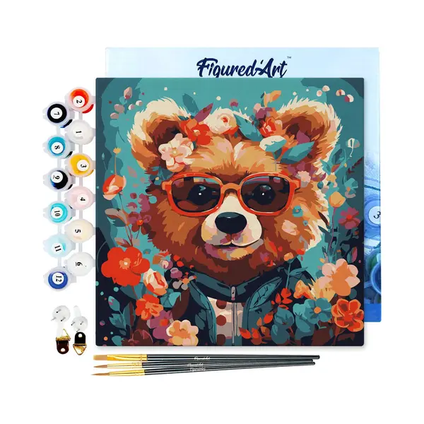 Figured'Art Mini Malen Nach Zahlen Erwachsene Mit Rahmen 20x20cm Kleines Format - Fantasie-Bär Und Blumen - Paint By Numbers Basteln Diy Bastelset thumbnail