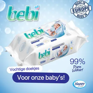 Happy Wet Wipes Billendoekjes 99 Procent Water, Billendoekjes Zonder Chemicaliën, 6 X 72 Doekjes, Waterwipes Voor Baby's, Hypoallergene