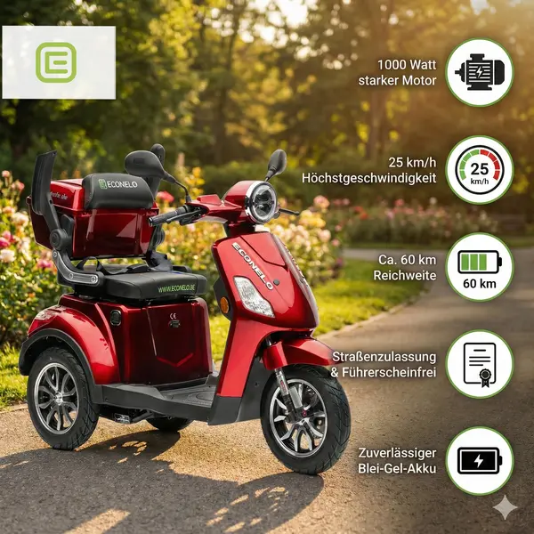 Econelo Seniorenmobil P1000, Lithium-Akku, 25 Km/h, 1000 Watt, Rot thumbnail