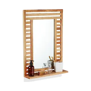 Relaxdays - Bathroom Mirror, For Wall, With Shelf, Wooden Frame, Rectangular, Slat Design, Hxwxd, 70 X 50 X 12 Cm, Natural