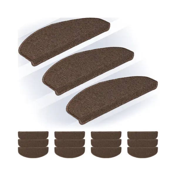 Relaxdays - Stair Treads, Set Of 15, Rounded Step Mats, 65 X 24 Cm, Self-adhesive, Non-slip, Carpet Runner, Dark Brown thumbnail