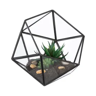 Relaxdays Geometric Terrarium, Glass & Tin, For Succulents, Cacti & Air Plants, Mini Greenhouse, Windowsill Decor, Black