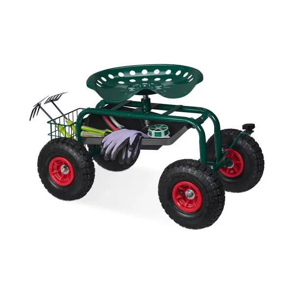 Relaxdays Wheeled Garden Seat, Height-Adjustable, 150 Kg Capacity, Storage For Tools, Steel, Pneumatic Tyres, Green thumbnail