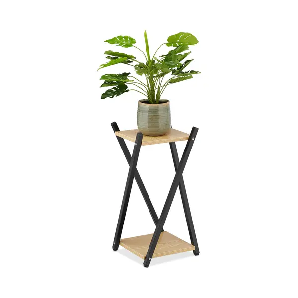 Relaxdays - Blumenständer, 2 Etagen In Holzoptik, Metall, Mdf, Moderner Blumenhocker, 57 X 29 X 29 Cm, Schwarz/hellbraun thumbnail