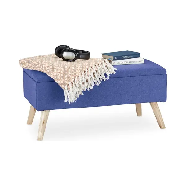 Relaxdays Sitzbank Mit Stauraum, Gepolstert, Holzbeine, Truhenbank Stoffbezug, HxBxT, 39, 5 X 79, 5 X 39, 5 Cm, Blau thumbnail