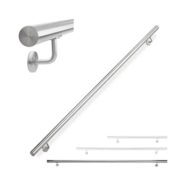 Relaxdays - Handlauf, 304er Edelstahl, Matt, Rundes Treppengeländer, Innen & Außen, 200 Cm, Ø 42 Mm, Mit Halterung, Silber thumbnail