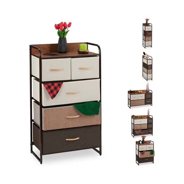 Dresser, 5 Drawer Compartments, With Shelf, 5 Folding Baskets, Fabric, Steel Frame, 100x58x31.5 Cm, Brown - Relaxdays thumbnail
