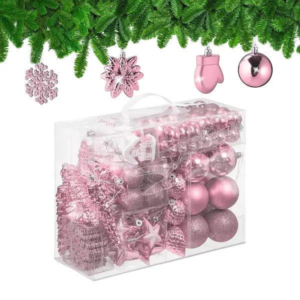 Merkloos Weihnachtskugeln 100er Set - Kunststoff - Matt - Glänzend - Glitzernd - 10 Motive - Rosa thumbnail
