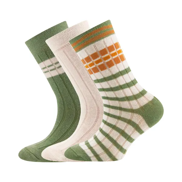 3-Pack Kindersokken Ewers Met Ribpatroon - Set Van 3 Paar - Effen Creme/Beige En Creme Met Strepen Groen En Oranjebruin-23/26 thumbnail