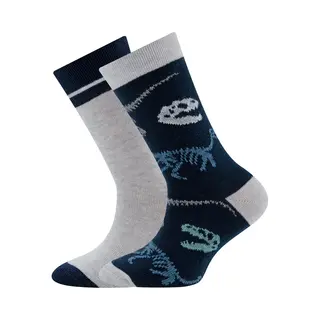 Ewers Kindersokken Ewers - Set / 2-Pack - Dino Skeletten & Effen Met Rand - Lichtgrijs & Donkerblauw-23/26