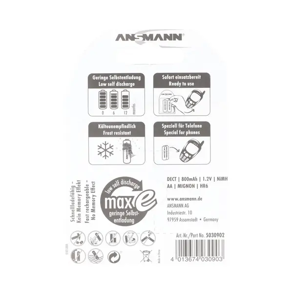 Ansmann NiMH Batterij Mignon 800mAh Dect Dubbele Blister thumbnail