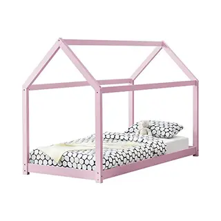 [en.casa] Kinderbett Netstal 90x200cm Rosa Haus Holz Natur Bettenhaus Hausbett Kinderzimmer Bett Kinder Kiefernholz