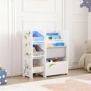 [en.casa] Kinderrek Met 3 Uitneembare Bakken, 5 Vakken, Opbergkast, Speelgoed Met Koala-motief, Spaanplaat, Stof, Vlies, Metaal, 60 X 65 X 30 Cm, Wit,