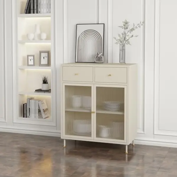 En.casa Sideboard, »Lindau« Mit 2 Glastüren Stahl 97 X 80 X 40 Cm Cremeweiß thumbnail