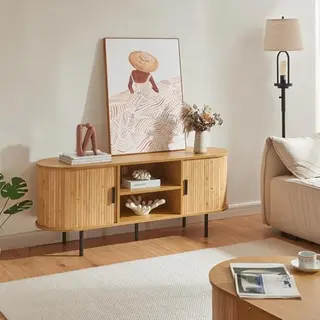 [en.casa] Tv-meubel Scandinavisch Design, Tv-bank, Moderne Tv-tafel, Met 2 Uittrekbare Vakken, Kabeldoorvoer, Mdf, Bamboe, Metaal, 140 X 40 X 55 Cm,