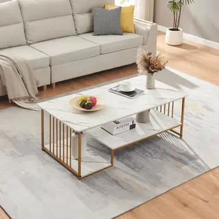 [en.casa] - Couchtisch Klibro 120x60x42 Cm Marmoroptik, Weiß/goldfarben
