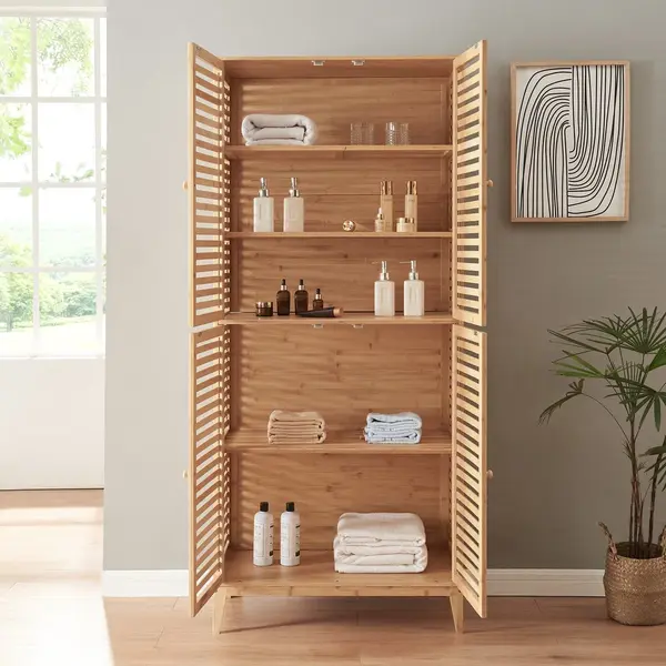 En.casa Mehrzweckschrank Badezimmerschrank »Raurgela« 180x80x40 Cm Bambus thumbnail
