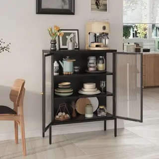 [en.casa] Vitrinenschrank Wohnzimmer Vinterhavn Sideboard Mehrzweckschrank Mit 2 Glastüren Geriffelt Kommode 100 X 80 X 30 Cm Metallschrank Schwarz