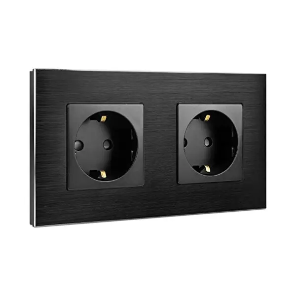 Navaris Aluminium Schuko Steckdose Zweifach - Mit Montagematerial - Design Schutzkontakt Einbau Wandsteckdose Mit Rahmen Aus Aluminium - In Schwarz thumbnail