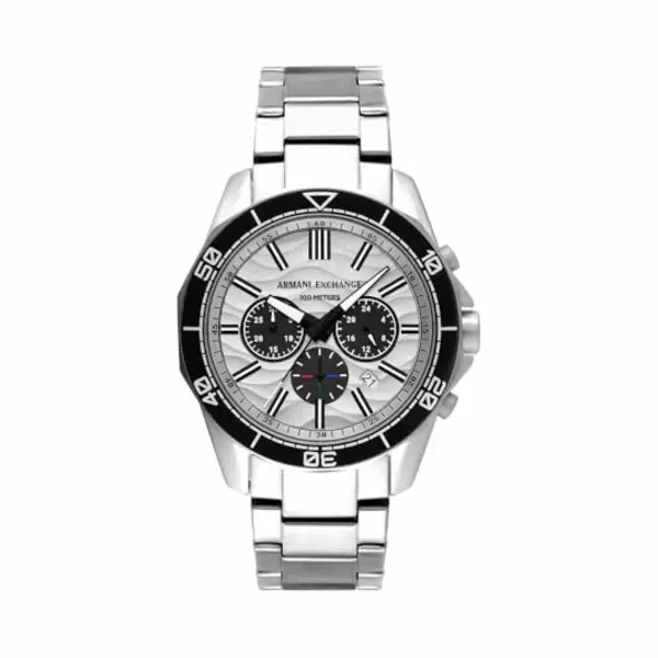 Armani Exchange Silver Tone Watch For Men, Quartz Chronograph Movement And 44mm Case Size With Stainless Steel Strap, Silver Tone And White thumbnail