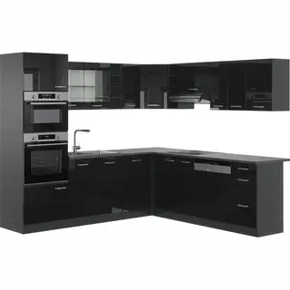 Vicco Winkelküche R-Line, Schwarz Hochglanz/Anthrazit, 237 X 247 Cm Ohne Arbeitsplatte