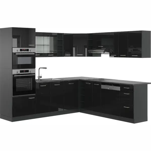Vicco Winkelküche R-Line, Schwarz Hochglanz/Anthrazit, 237 X 247 Cm Ohne Arbeitsplatte thumbnail