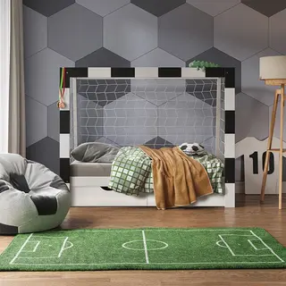 VitaliSpa® Kinderbett Fußballtor, Weiß/Schwarz, 178 X 142.5 Cm Mit Schublade Und Matratze (2-tlg)