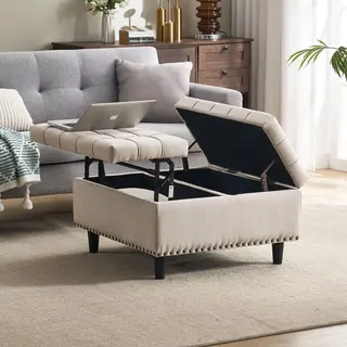 Stilvora Quadratische Sitzbank Mit Doppeltem Stauraum, Aufklappbarer Deckel, Gepolsterte Sitzfläche, Holzrahmen Aus Leinen Beige